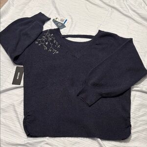 Democracy Navy V-Neck Sweater with Floral Detail super soft